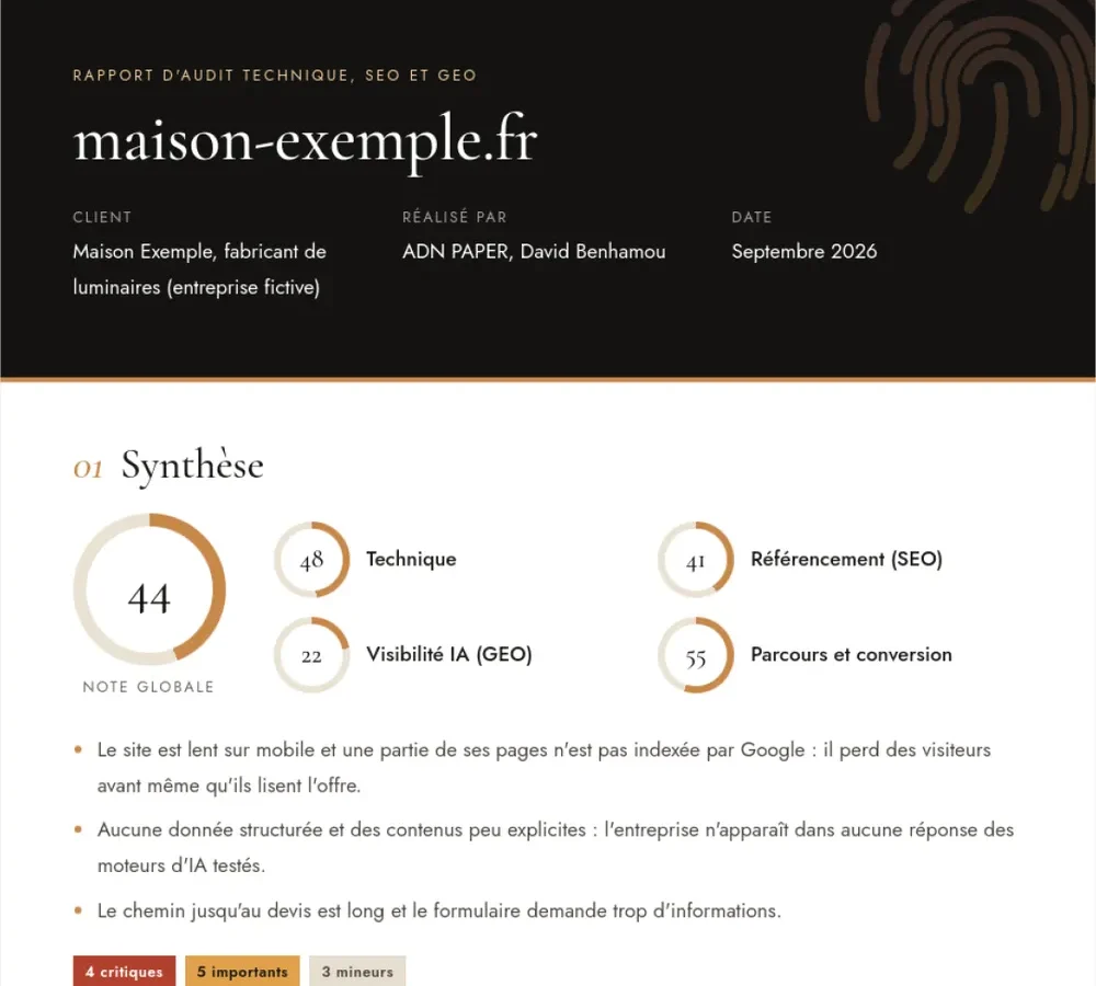 Aperçu d'un rapport d'audit ADN PAPER : couverture et synthèse notée